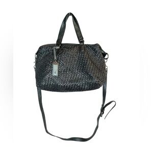 Abbacino Deep Teal Woven Leather Satchel Bag Large Top Handle Crossbody Boho